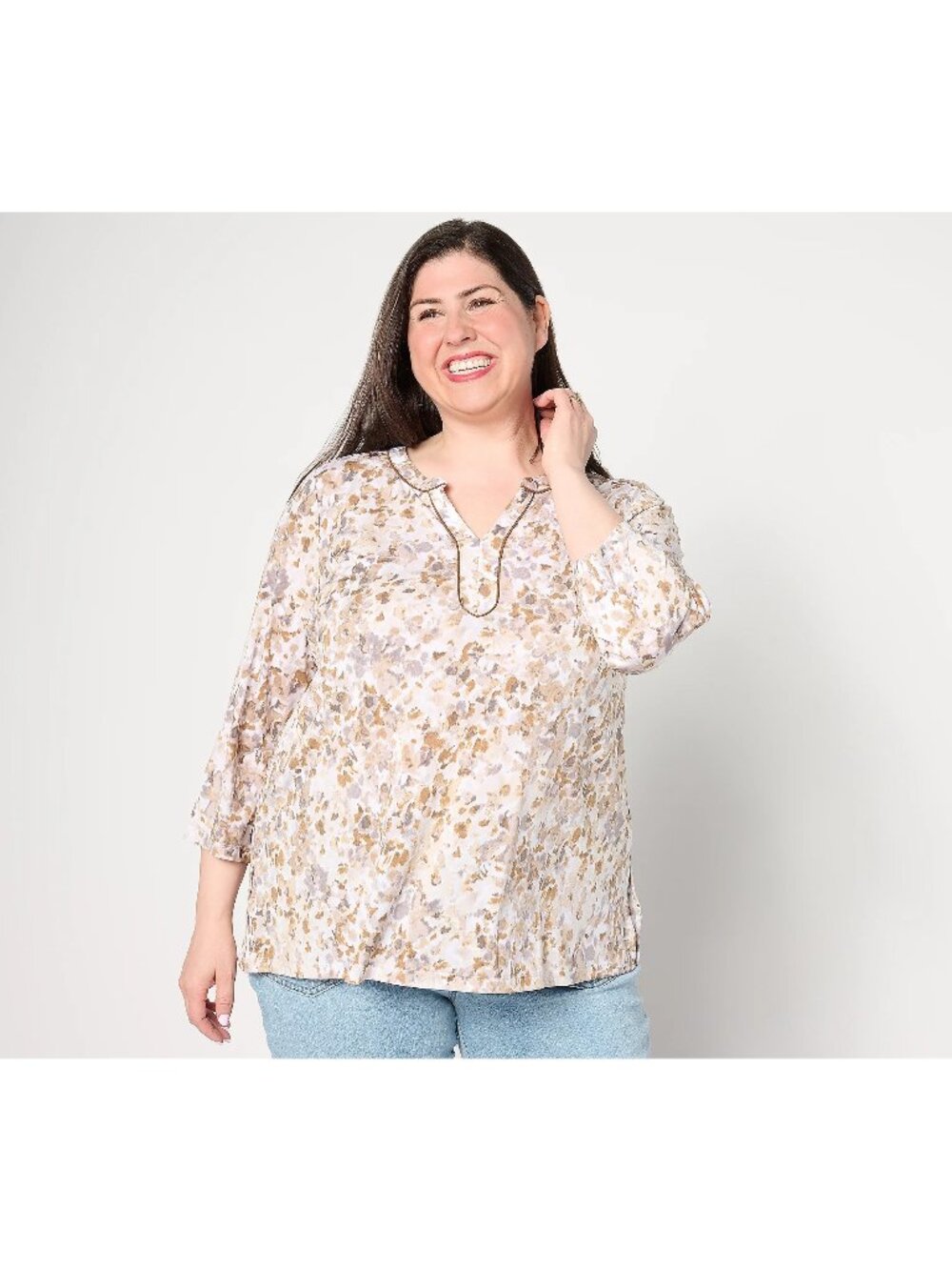 Susan Graver Tunic Top 1X Liquid Knit 3/4 Sleeve Split Neck Sand/Taupe NEW